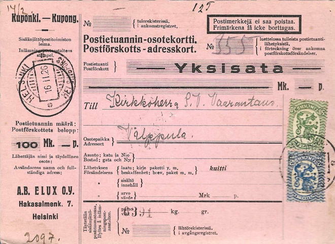 HELSINKI 16.II.26 LEIMA M17 50P JA 2MK POSTIETUANNIN OSOTEK