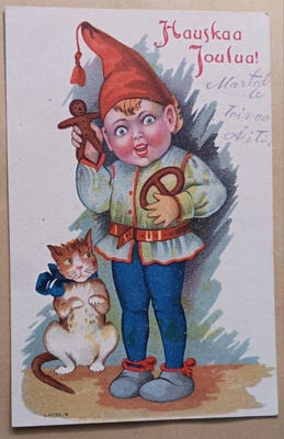Iloinen tonttu ja kissa tuovat joulupipareita, ei p.