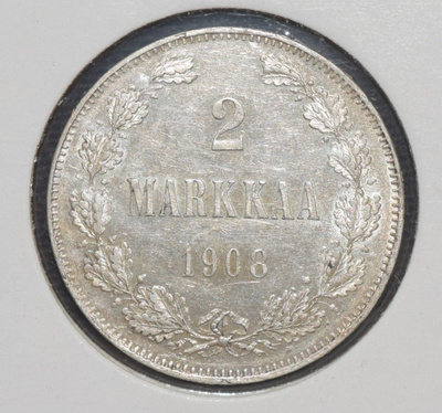 1908 2 markkaa lyöntikiiltoinen kolikko lk01 (= kl8)