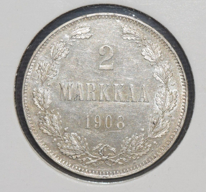 1908 2 markkaa lyöntikiiltoinen kolikko lk01 (= kl8)
