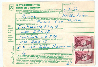 1976 Kousa 1,50 mk pari jälkeenlähettämispyyntö