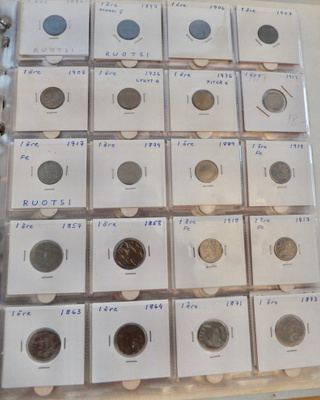20 Kolikkoa Ruotsi 13 x 1 öre 1858-1907 + 7x 1917-1936