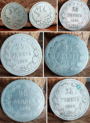 25 PENNIÄ (5kpl) v.1873,1889,1890,1894,1902 hopeaa