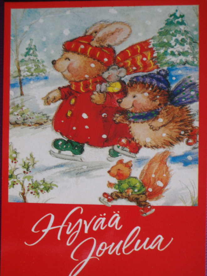Orava, siili ja pupu menossa luistelemaan