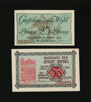 Saksa Notgeld 25, 50 Pfg, Wesel 1919