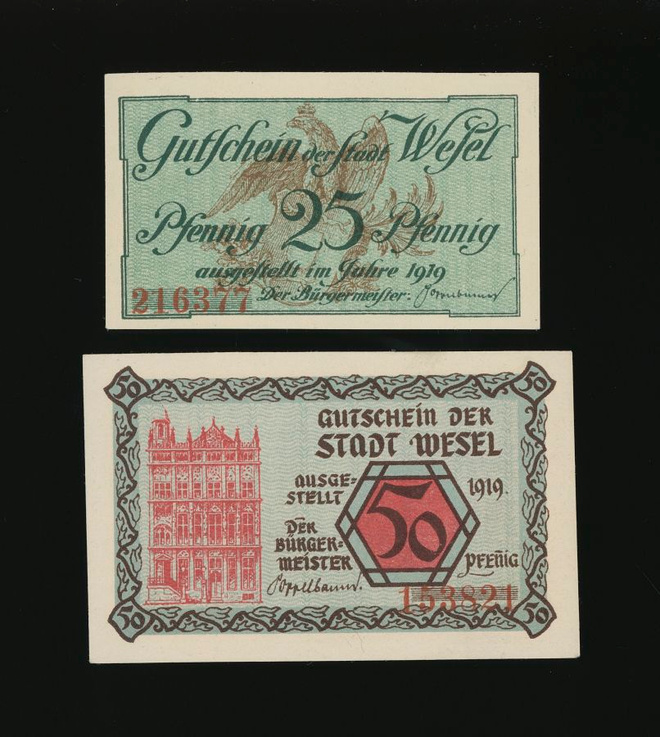 Saksa Notgeld 25, 50 Pfg, Wesel 1919