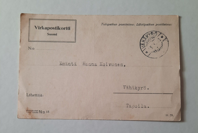 Virkapostikortti, Vähäkyrö 15.10.1936 Vähäkyrö