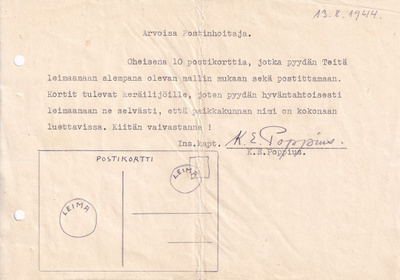 ALKUPERÄINEN KAPT. POPPIUKSEN POSTIEN KIERTOKIRJE 1944