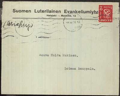 M30 1936 2 mk punainen asiakirjojalähetys