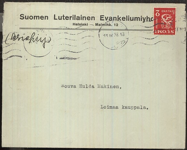 M30 1936 2 mk punainen asiakirjojalähetys