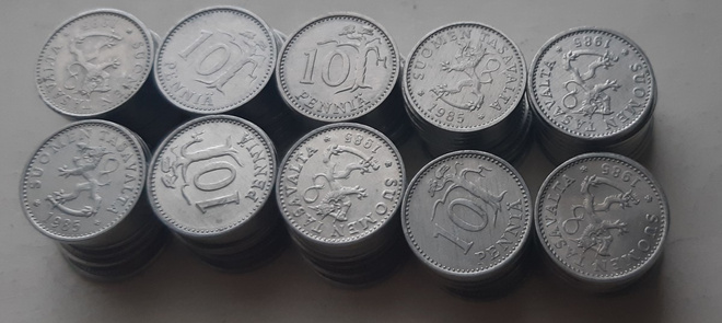 10 penniä v. 1985, 100 kpl, circ