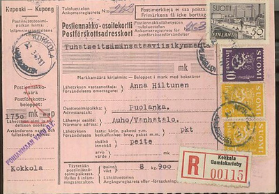 M30 1947 R-postiennakkopakettikortti KOKKOLA