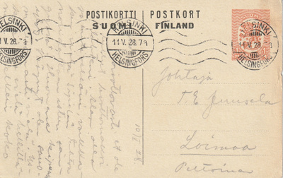 1917 Saarisen mallin 1mk oranssi ehiöpostikortti HKI-Loimaa