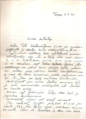 Väinö Linnan WSOY:lle kirjoittama kirje (Päämäärä) 3.3.47,K3