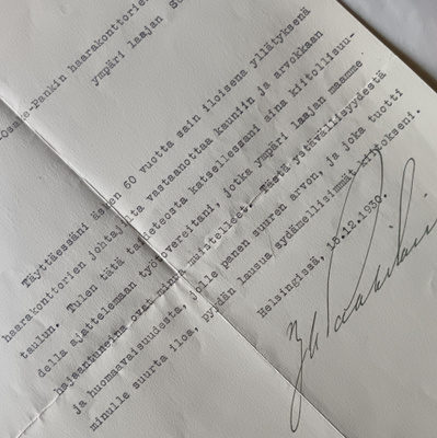 Kiitoskirje Presidentti Paasikiveltä 1930