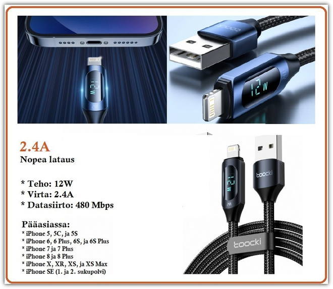 USB A - Lightning data/latauskaapeli digitaalinäyttö/1 metri