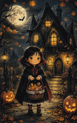 Halloween noitatytöllä kori täynnä karkkia