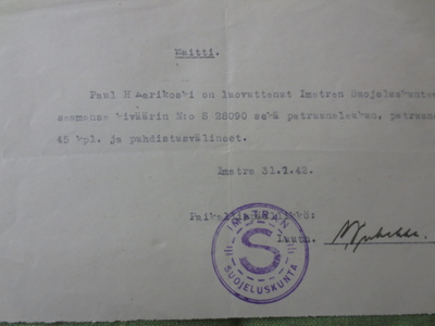 Imatran Suojeluskunnan Leimalla Aseen luovutus todistus