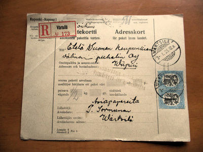 1925 Wärtsilä pakettikortti Viipuriin