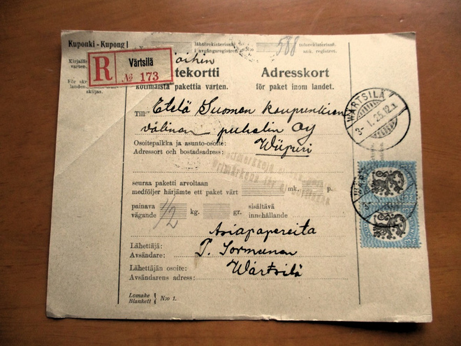 1925 Wärtsilä pakettikortti Viipuriin