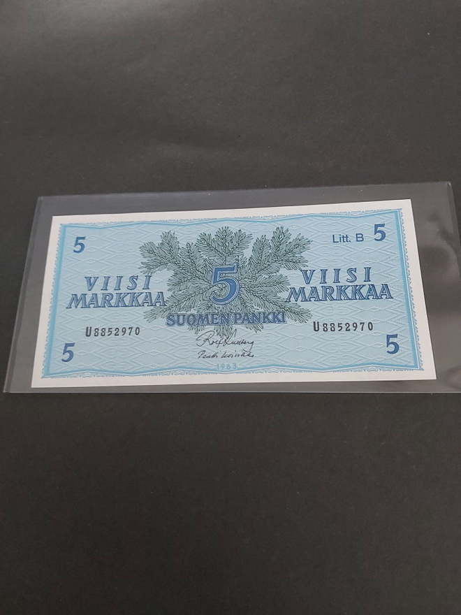 Pakka sileä 5mk Litt.B seteli 1963