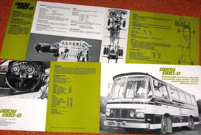 1975 Fiat 314 -3 linja-auto esite - suom - KUIN UUSI - bussi
