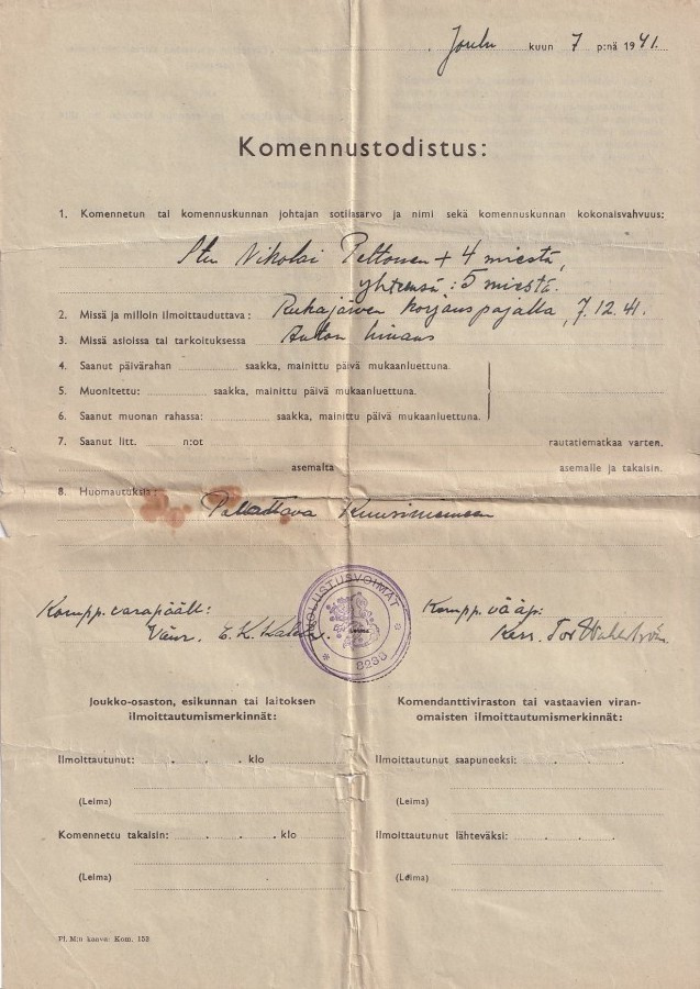 PUOLUSTUSVOIMAT KOMENNUSTODISTUS RUKAJÄRVELLE 1941