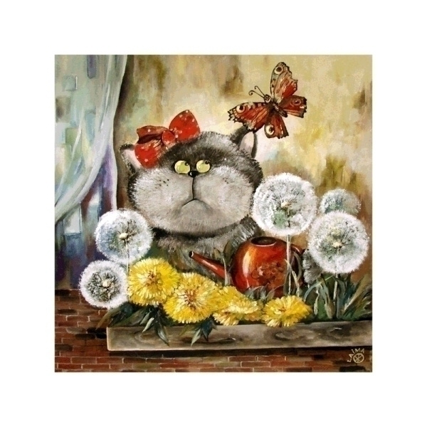 KISSA, perhonen, voikukat (piiretty kortti) #3018