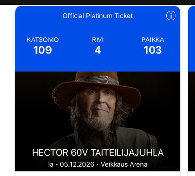 MYYDÄÄN KAKSI LIPPUA HECTORIN KEIKALLE 5.12.26, HYVÄT PAIKAT