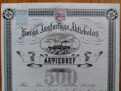 Borgå Ångfartygs Aktiebolag aktiebref v. 1919