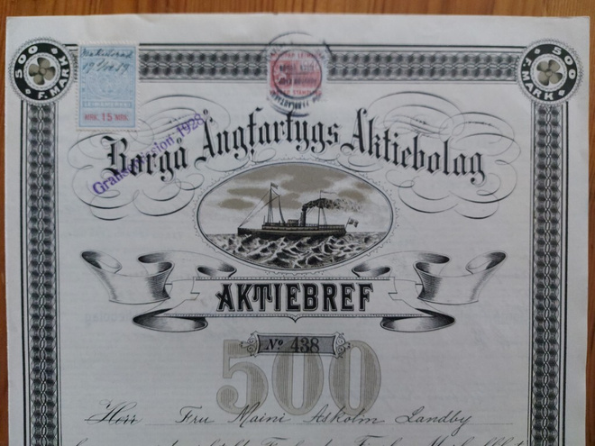 Borgå Ångfartygs Aktiebolag aktiebref v. 1919