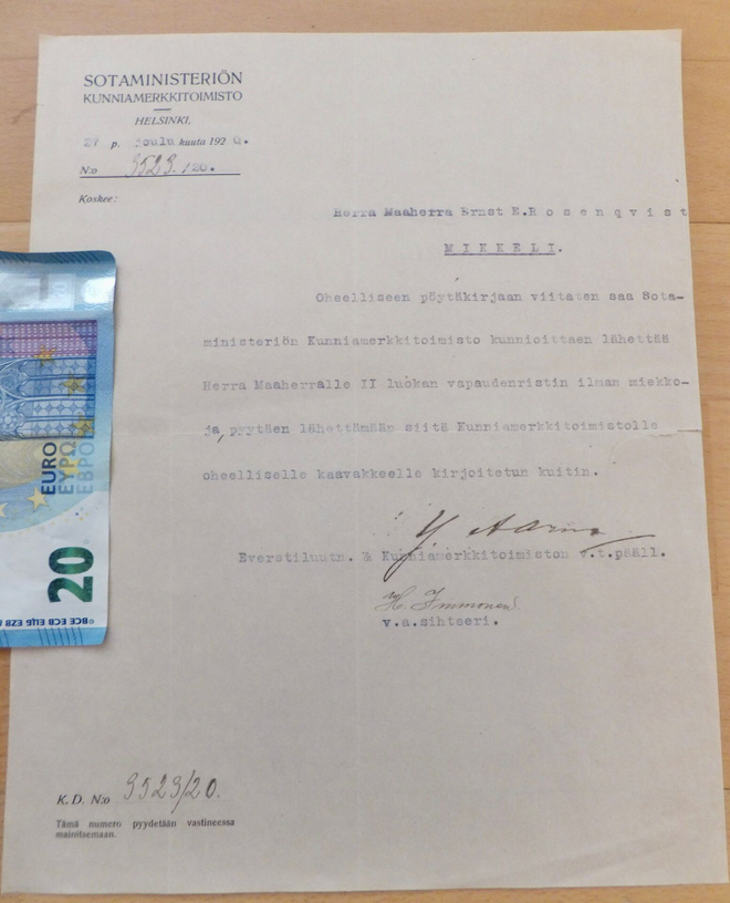 VANHA Saatekirje Vapaudenristi 1918 2 lk Tunnettu Saaja 1920