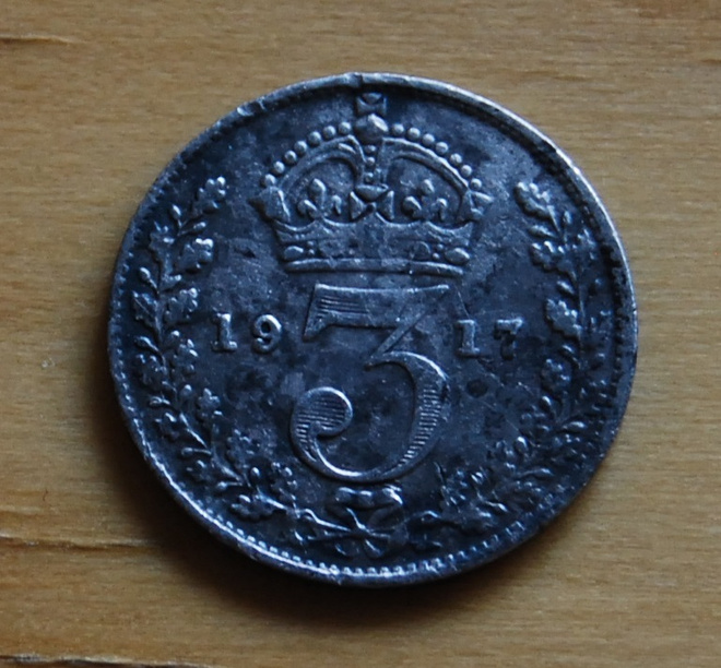 1917 Great Britain 3 Pence Threepence Silver Coin