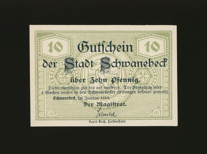Saksa Notgeld 10 Pfennig, Schwanebeck 1919