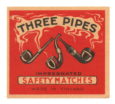 Vienti Tulitikkuetiketti THREE PIPES Koko 7,8 cm X 7 cm
