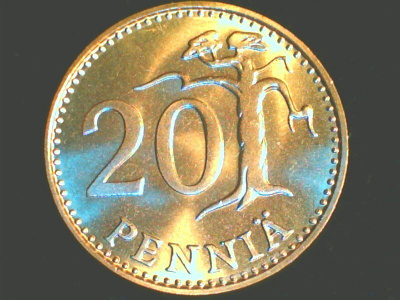 20 PENNIÄ ALPR. 1965 UNC KL.9. RAHAPAJAN RULLASTA.
