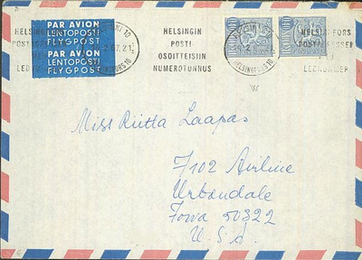 M63 1967  40p sininen pari lentokirje USAhan