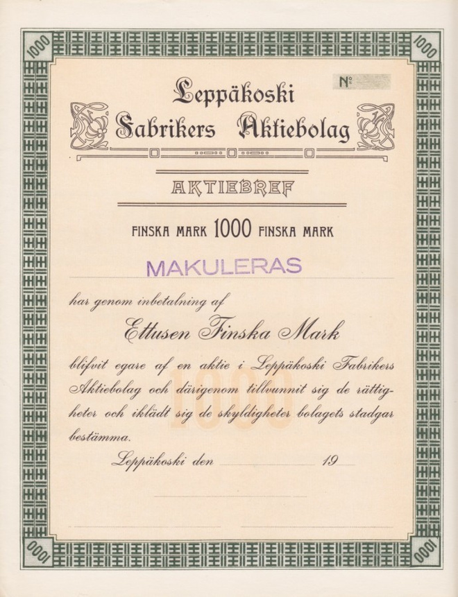 OKK 1916 Leppäkoski Fabrikers bla, Harlu Karjala osakekirja