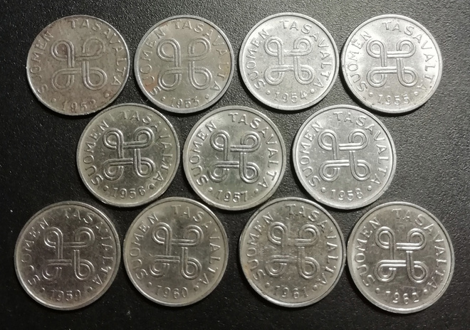 1 mk 1952 - 1962 pikkumarkat, 11 eri vuotta