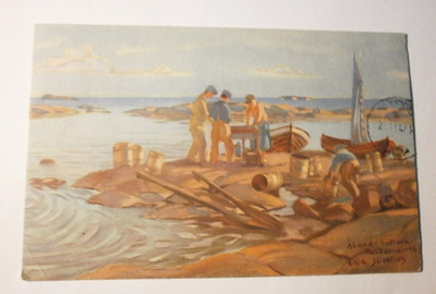 Erik Juselius: Saltvik, kalastajat työssä, taidepk, p. 1947