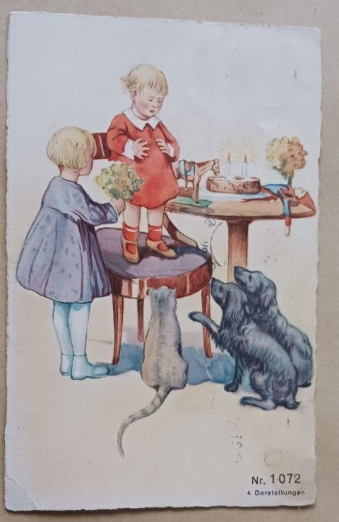 Mäyräkoirat ja kissa odottavat syntymäpäiväherkkua 1927