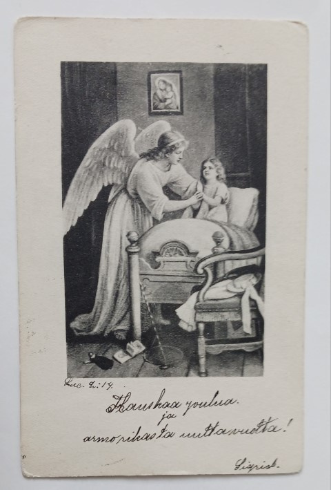 Suojelusenkeli vuoteen äärellä lapsen rukoillessa, p. 1905