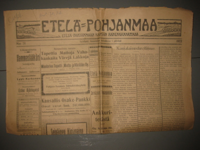 Sanomalehti  Etelä-Pohjanmaa  1.7.1922