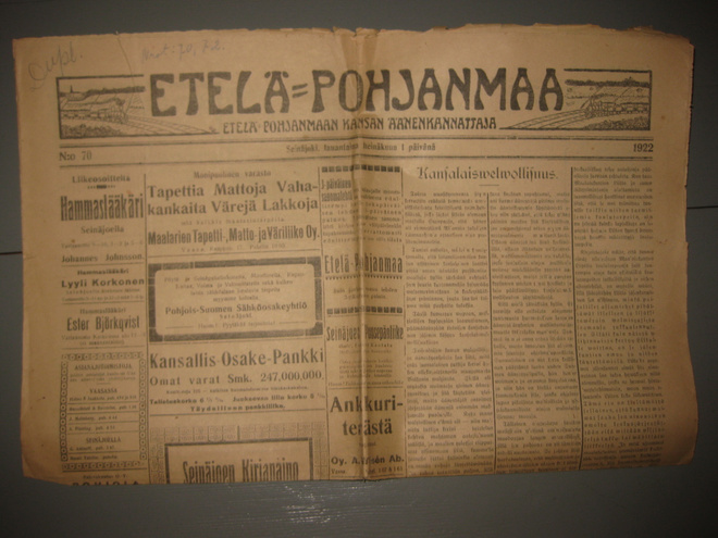 Sanomalehti  Etelä-Pohjanmaa  1.7.1922
