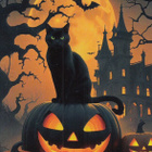 Halloween musta kissa istuu suuren kurpitsan päällä - pikkukuva 1