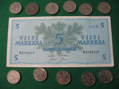 11 kpl 5 markkaa 1952-1962 koko sarja ja 5 mk seteli 1963