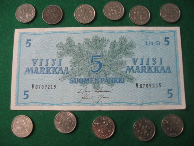 11 kpl 5 markkaa 1952-1962 koko sarja ja 5 mk seteli 1963
