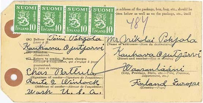 M30 1952 10mk vihr.leijona 4-rivilö ulk.pak.tullaus