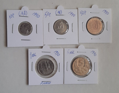 1990, 10p, 50p, 50p, 1mk ja 5mk