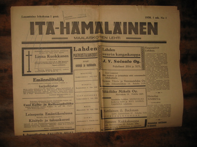 Sanomalehti  Itä-Hämäläinen 1.10.1938